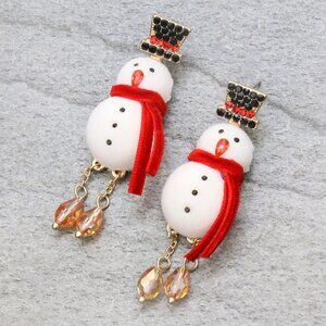 Austrian Crystal Dangling Legs Fuzzy Fun Snowman Christmas Earrings NEW NWT